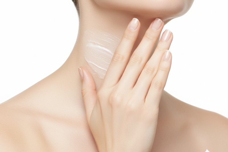 Manos aplicando crema antiarrugas en el cuello con movimientos ascendentes