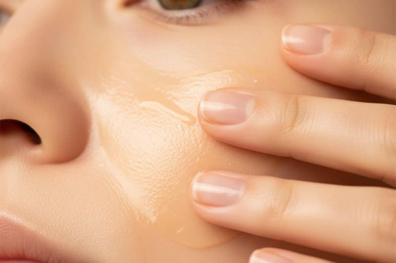 Aceite limpiador siendo masajeado suavemente sobre la piel del rostro