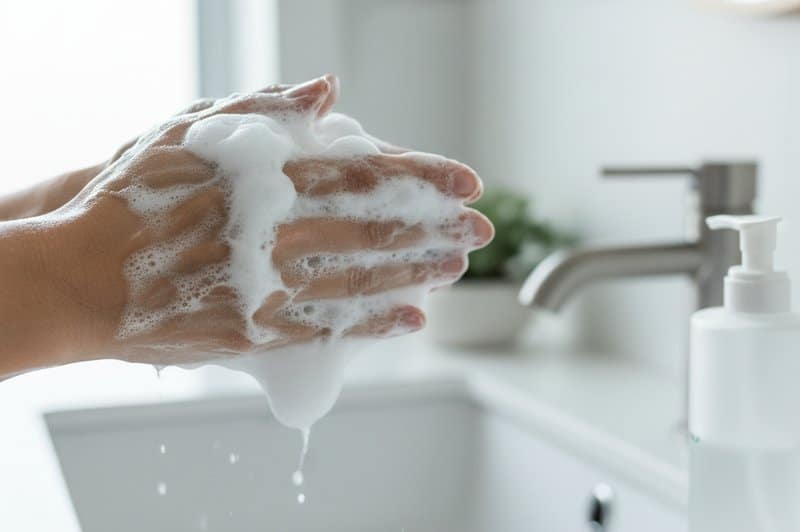 Manos creando espuma de limpiador facial para la doble limpieza