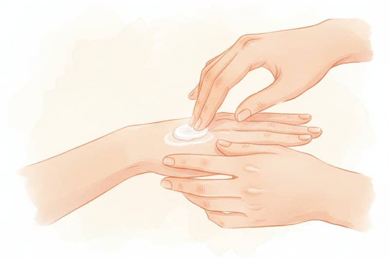 Ilustración acuarela de manos aplicando crema hidratante, rutina skincare