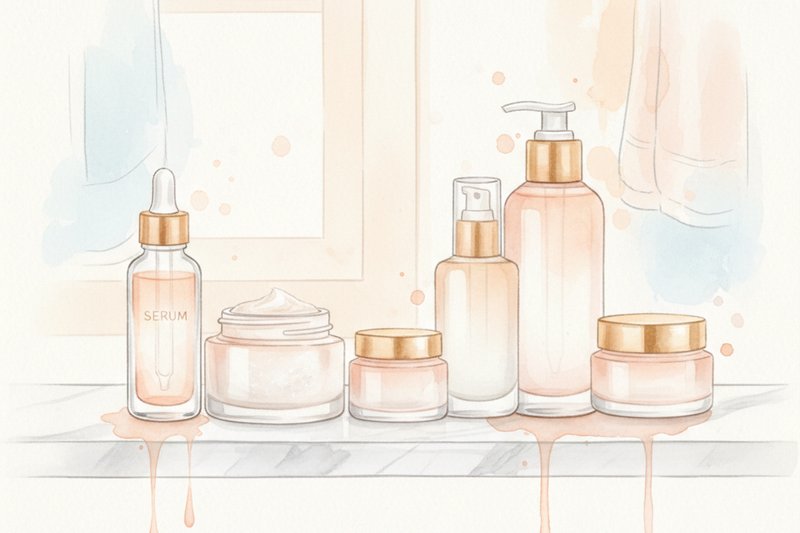 Ilustración acuarela de productos de rutina de cuidado facial para ¿Qué Va Primero, el Serum o la Crema? Orden Correcto en la Rutina de Cuidado de la Piel