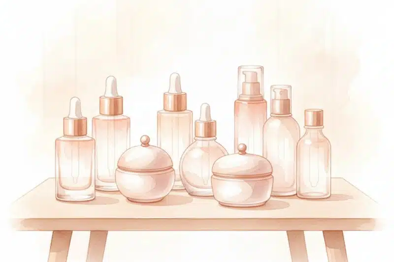 Ilustración acuarela de colección de productos de skincare premium para Los Tratamientos más Eficaces para Reafirmar el Cuello