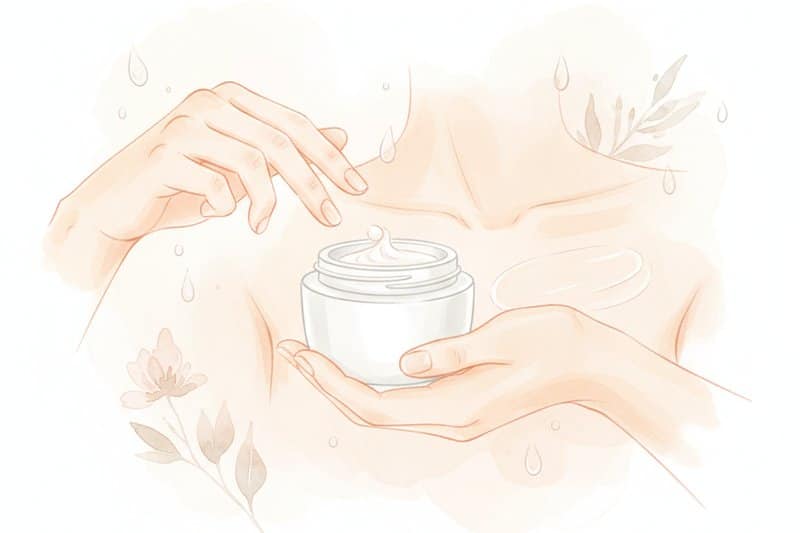 Ilustración acuarela de ritual de cuidado de la piel con aplicación de producto