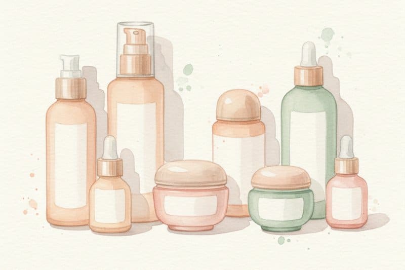 Ilustración acuarela de productos de cosmética premium para El Sérum ¿Se Enjuaga o se Deja?