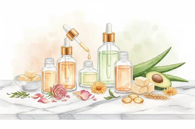 Ilustración acuarela de ingredientes cosméticos naturales relacionados con La Vitamina E