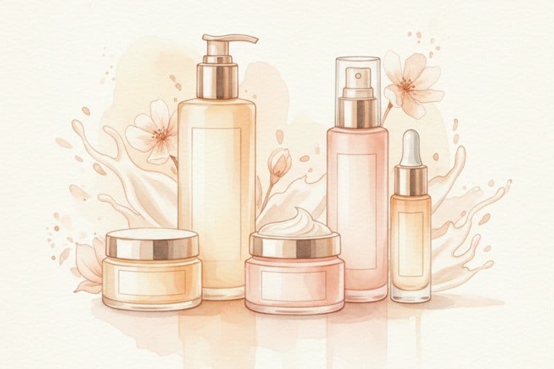 Ilustración acuarela de productos de cosmética premium para Leche Limpiadora