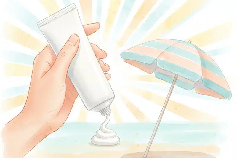 Ilustración acuarela de aplicación de protector solar sobre la piel