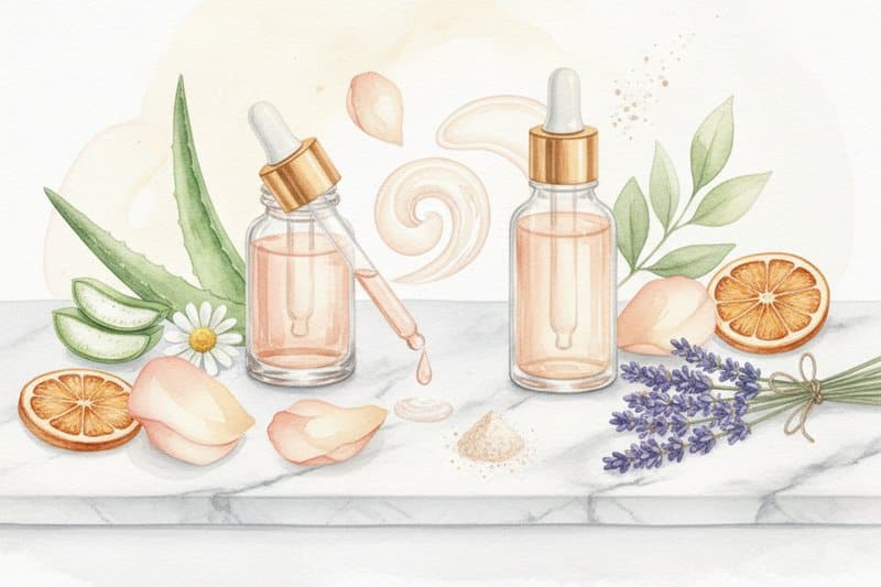 Ilustración acuarela de ingredientes cosméticos naturales relacionados con Serum Niacinamida