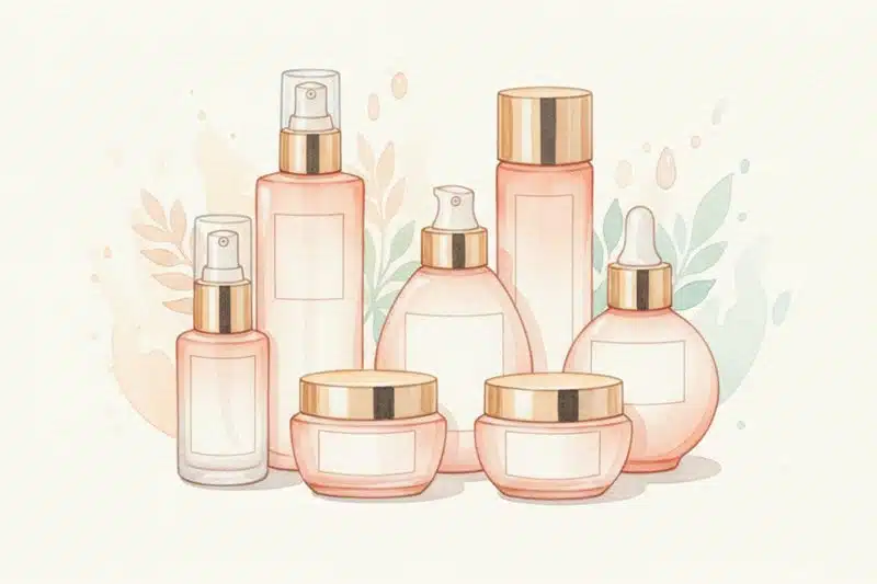 Ilustración acuarela de productos de cosmética premium para Descubre el Poder de los Exfoliantes Químicos