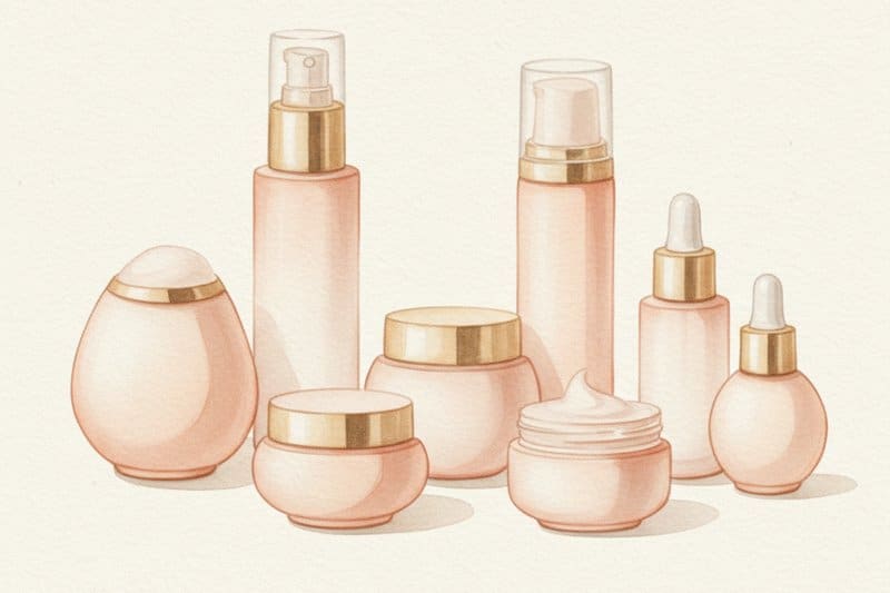 Ilustración acuarela de productos de cosmética premium para Aceite de Jojoba