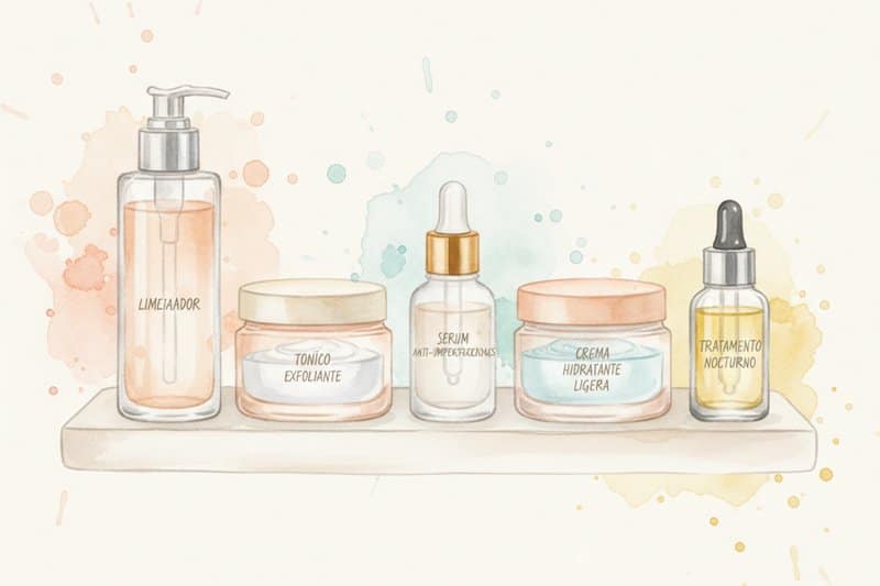 Ilustración acuarela de productos de rutina de cuidado facial para La Rutina de Cuidado de la Piel Anti