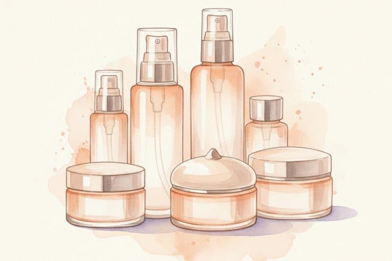 Ilustración acuarela de productos de cosmética premium para La Mejor Crema para los Comedones Cerrados