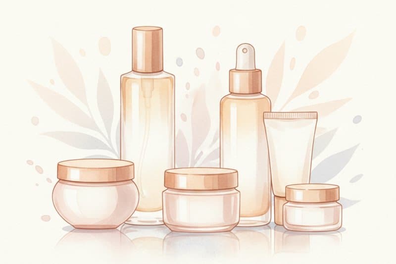 Ilustración acuarela de productos de cosmética premium para Aceite Desmaquillante