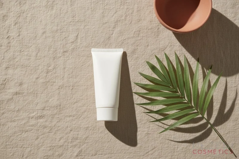 Crema solar facial en envase blanco con hoja tropical sobre mármol
