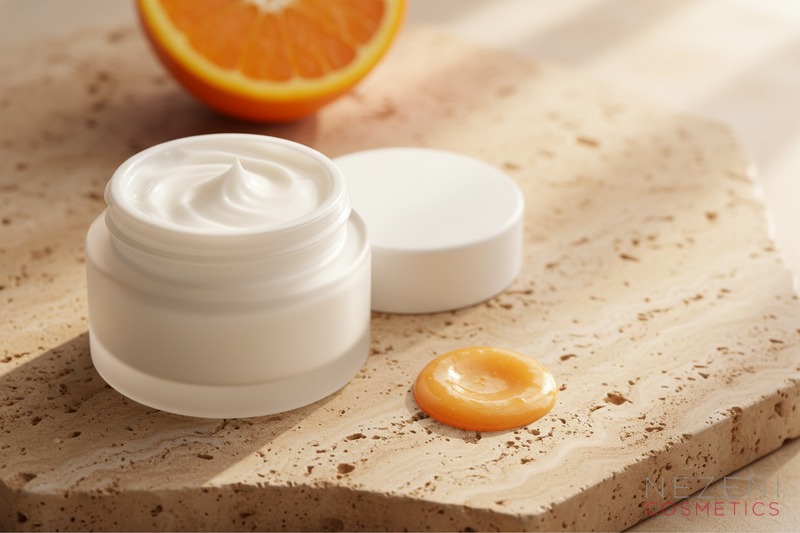 Tarro de crema facial con textura cremosa y reflejo dorado sobre superficie neutra