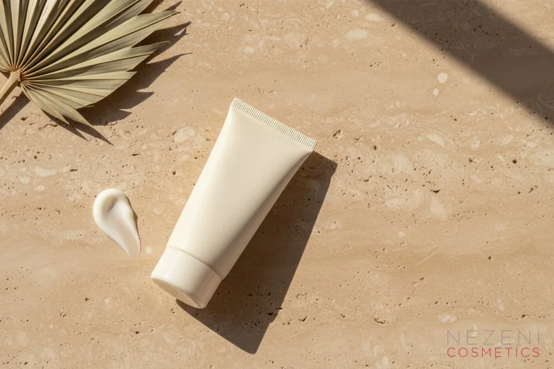 Protector solar facial sobre piedra travertino con luz dorada