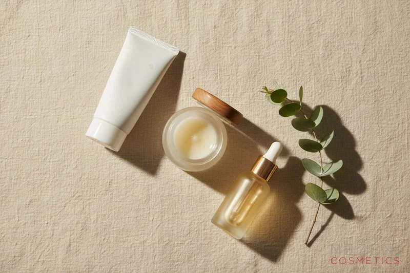 Colección de protectores solares faciales sobre superficie de madera clara